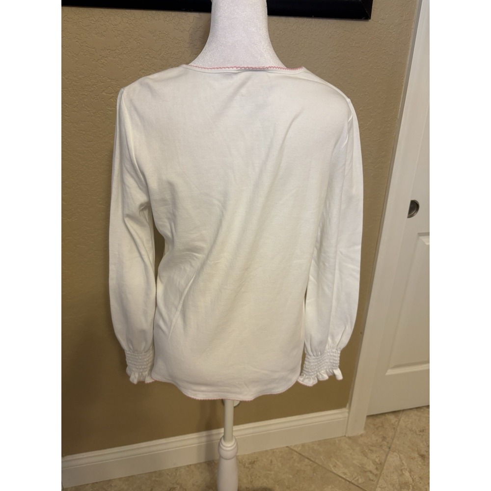 Laura Ashley Long Sleeve V Neck Top, Pink And Blue Embroidery, Medium - Picture 4 of 9